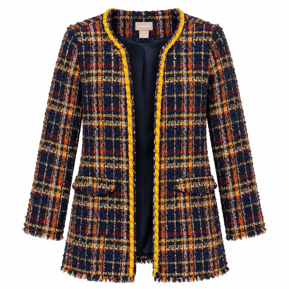 Chicos Size 2 Old Money Preppy Plaid Tweed Blazer Large Dark Academia Luxury